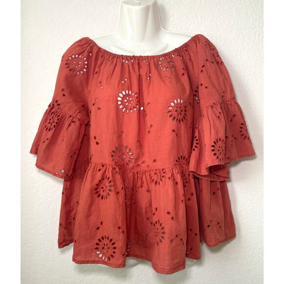 Boho Style Rust Orange Women's Top W/Eyelet Detail Off Shoulder Neckline Size Lg - Picture 5 of 7